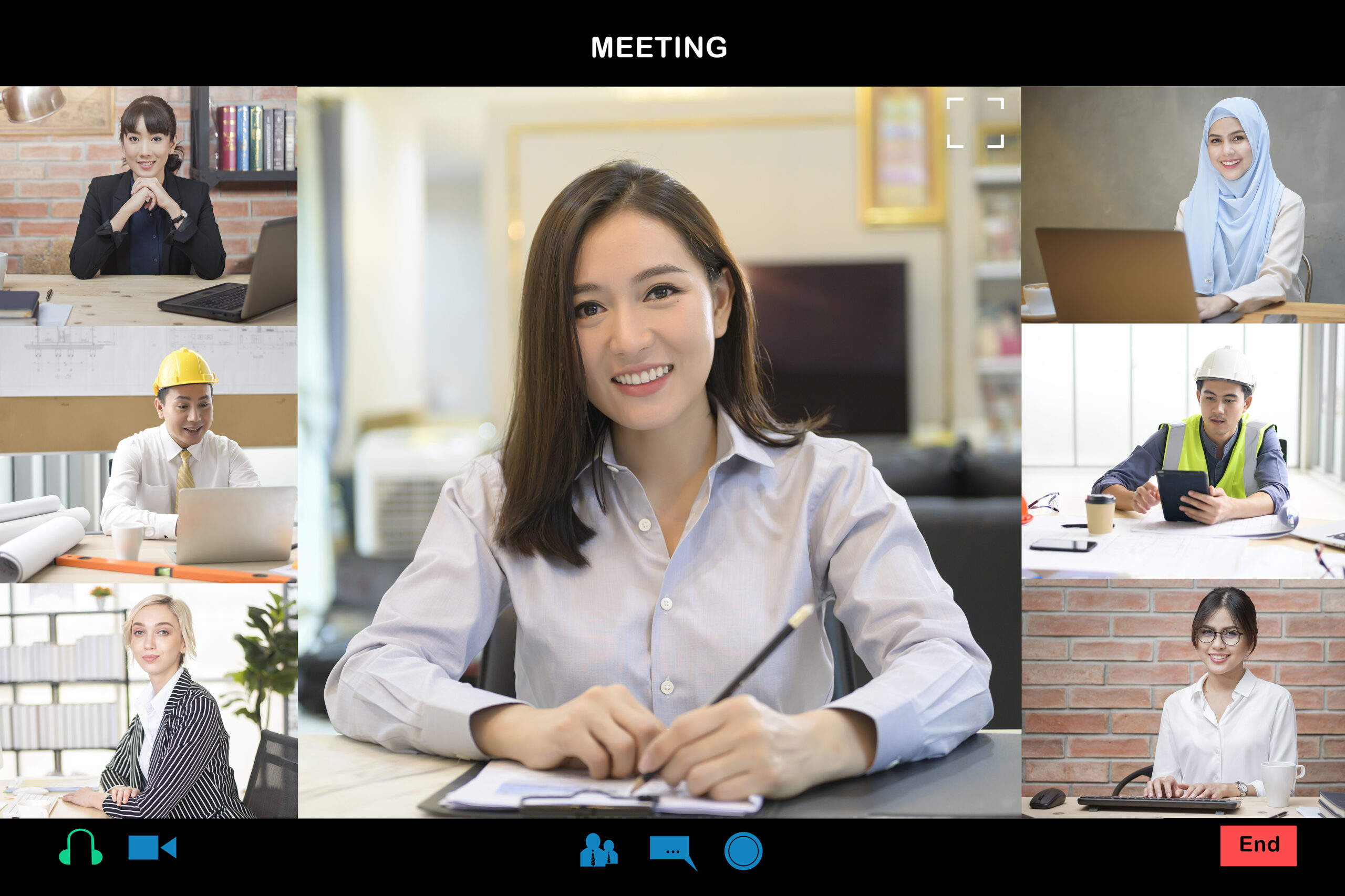 Headshot screen view of young Asian businesswoman is online using Video conference with partners or business coworkers  from her home